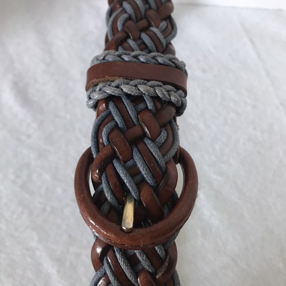 Talbots braided fabric leather belt brown blue nautical‎ casual everyday size S